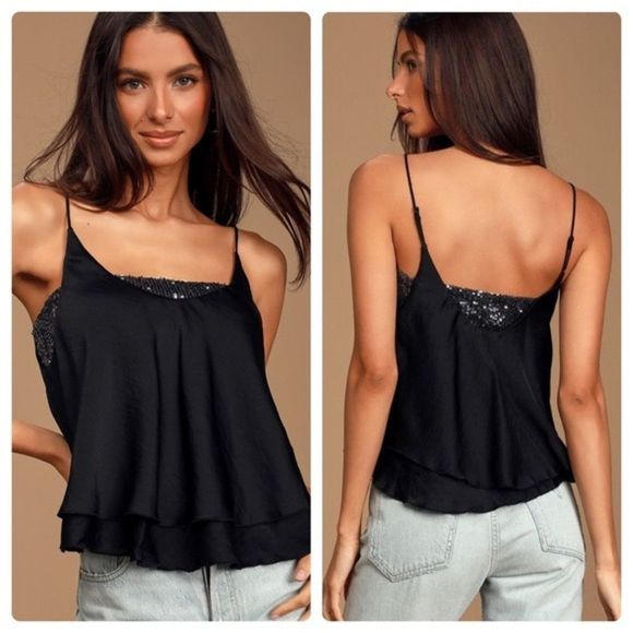 Free People Tops - Free People Turn it On Black Sequin Cami Small